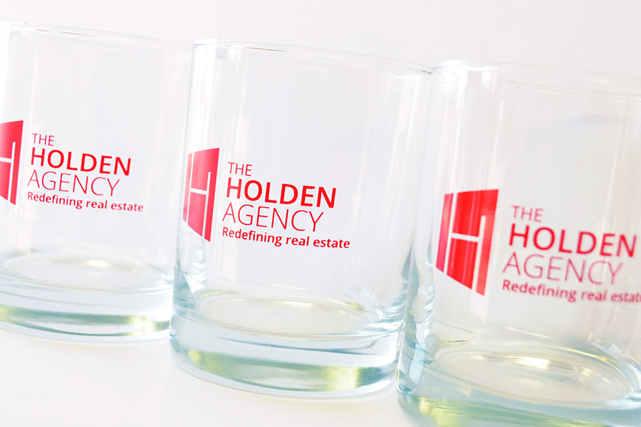 Branded whiskey glasses for The Holden Agency